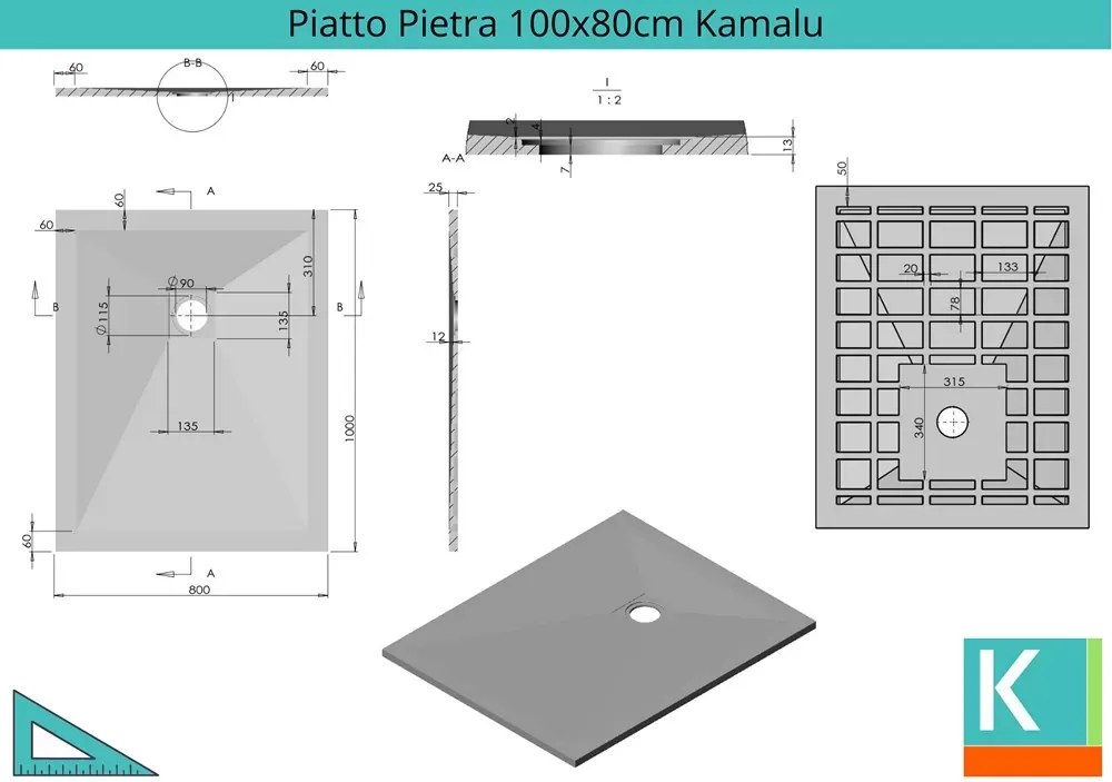 Piatto doccia pietra 100x80 colore ardesia nero - KAMALU