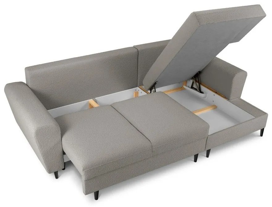 Divano angolare grigio chiaro allungabile e con contenitore (con penisola a destra/con chaise lounge) con rivestimento in bouclé Kyoto – Cosmopolitan Design