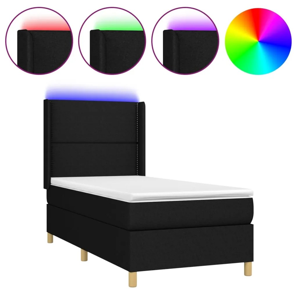 Letto a molle con materasso e led nero 90x190 cm in tessuto