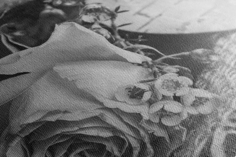 Quadro su tela – Rose e cuore in juta in bianco e nero