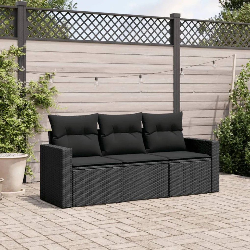 Set divani da giardino 3 pz con cuscini in polyrattan nero