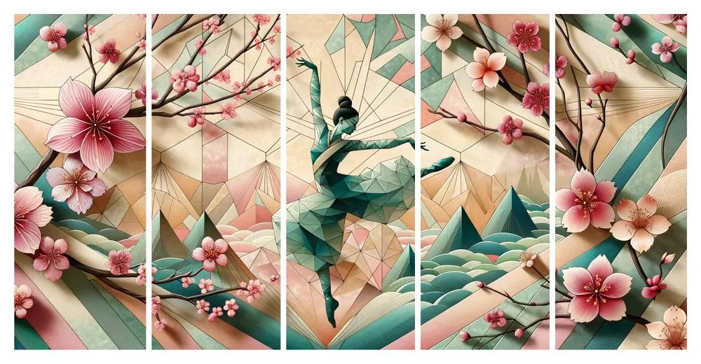 Quadri 5 pezzi – Ballerina geometrica in movimento