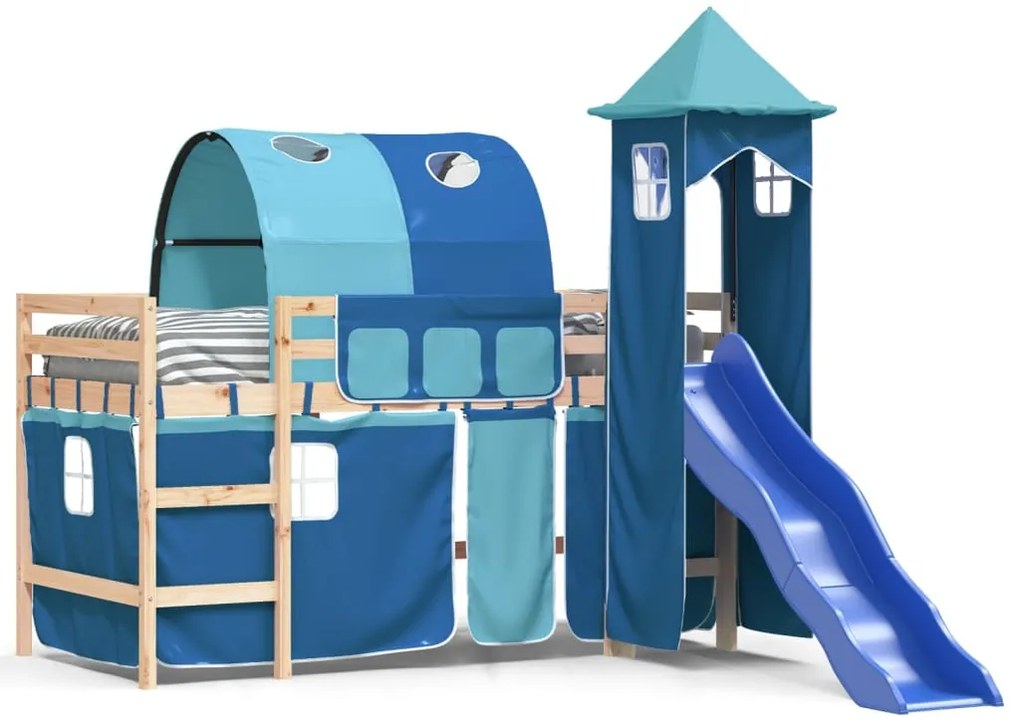 Letto a soppalco con torre bambini blu 80x200cm massello pino