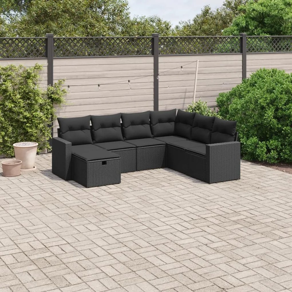 Set Divani da Giardino con Cuscini 7pz Nero Polyrattan