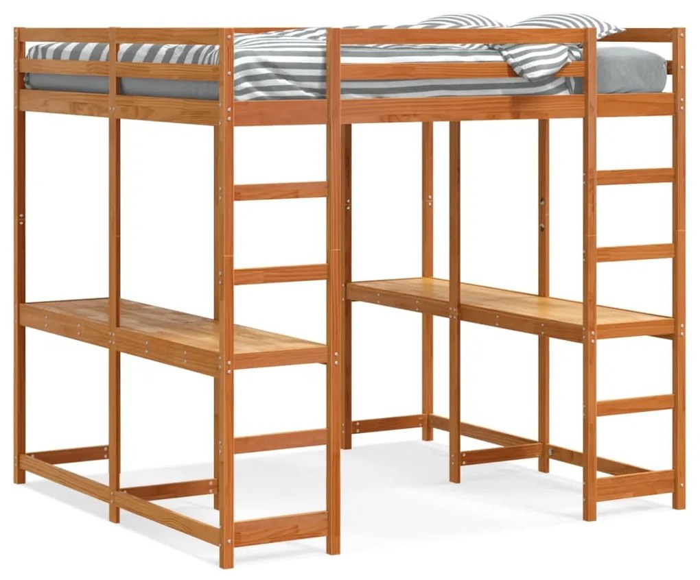 Letto Soppalco Scrivania E Scala Marrone Cera 140x200cm Pino /