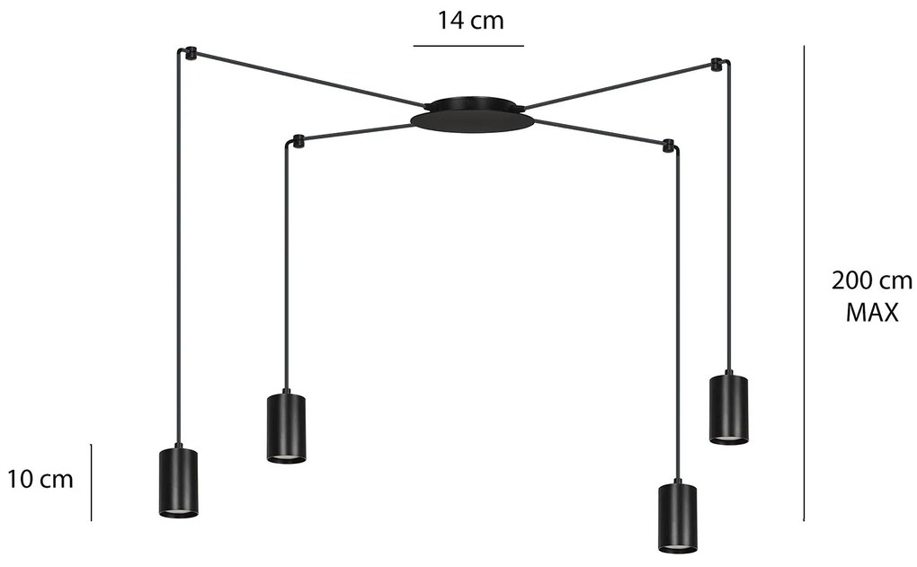 Sospensione A Ragno In Acciaio Nero 4 Luci Tracker Con Cavo 3 Metri