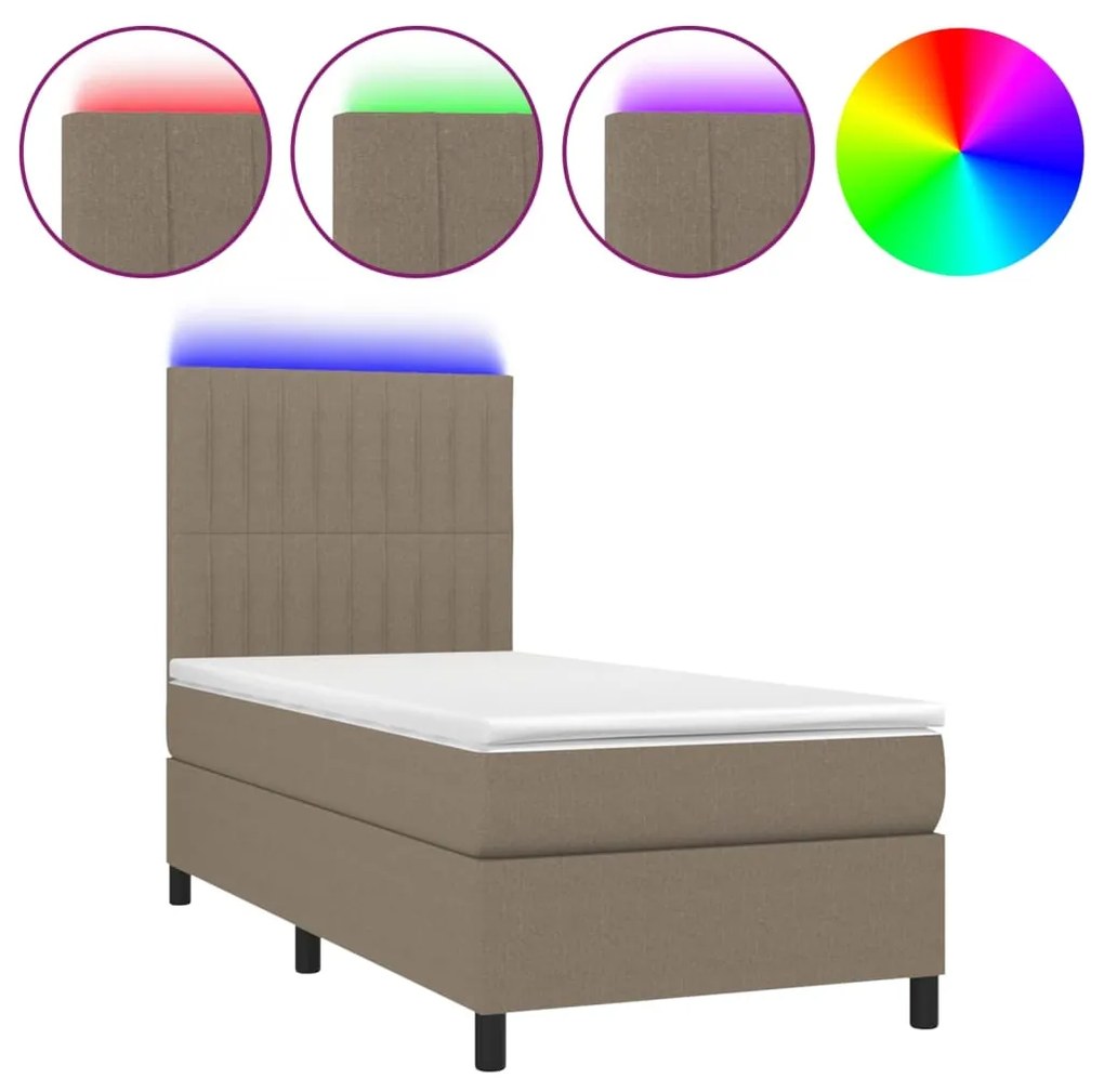 Letto a molle con materasso e led tortora 90x200 cm in tessuto