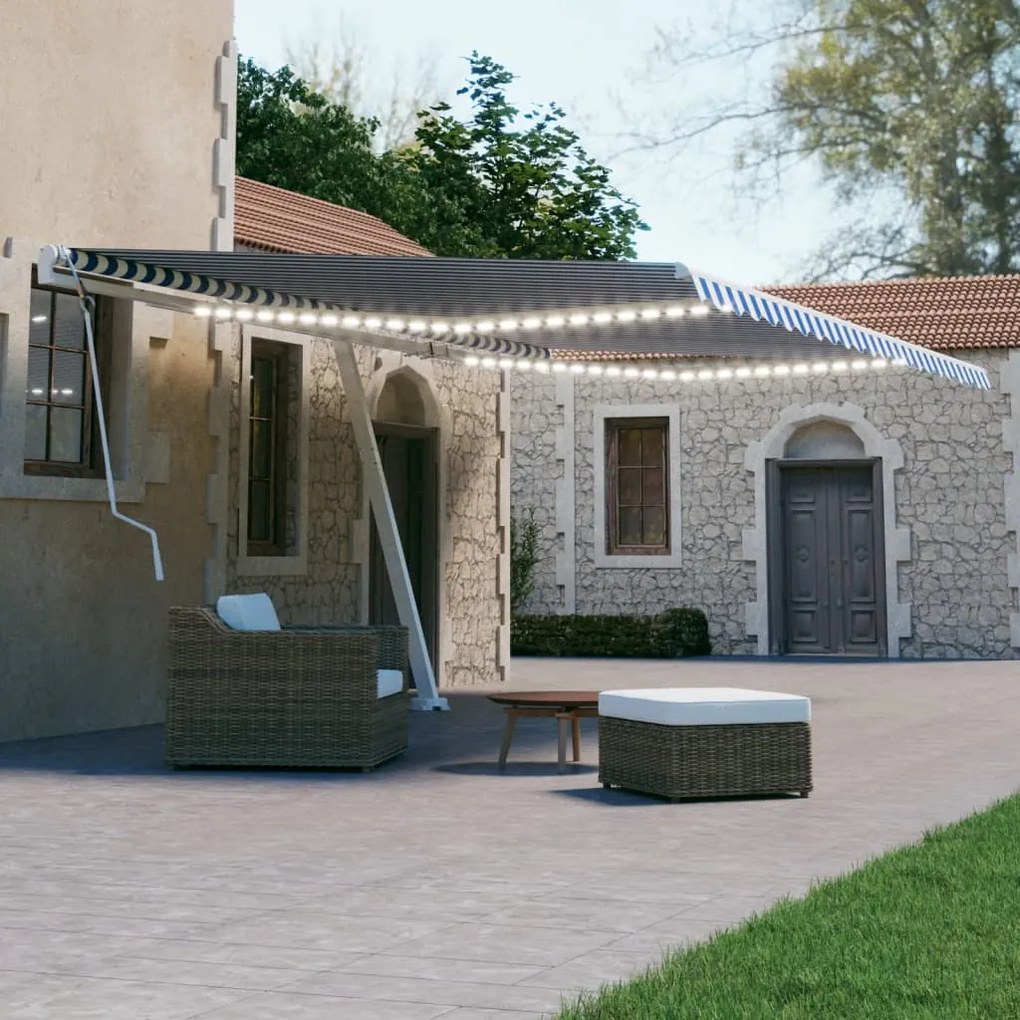 Tenda Da Sole Retrattile Manuale Con Led 500x300cm Blu E Bianca /