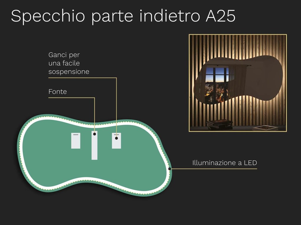 Specchio organico LED con illuminazione A25 60x32