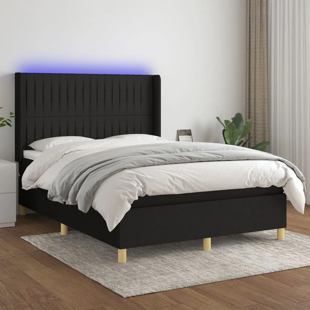 Letto A Molle Con Materasso E Led Nero 140x200 Cm İn Tessuto /