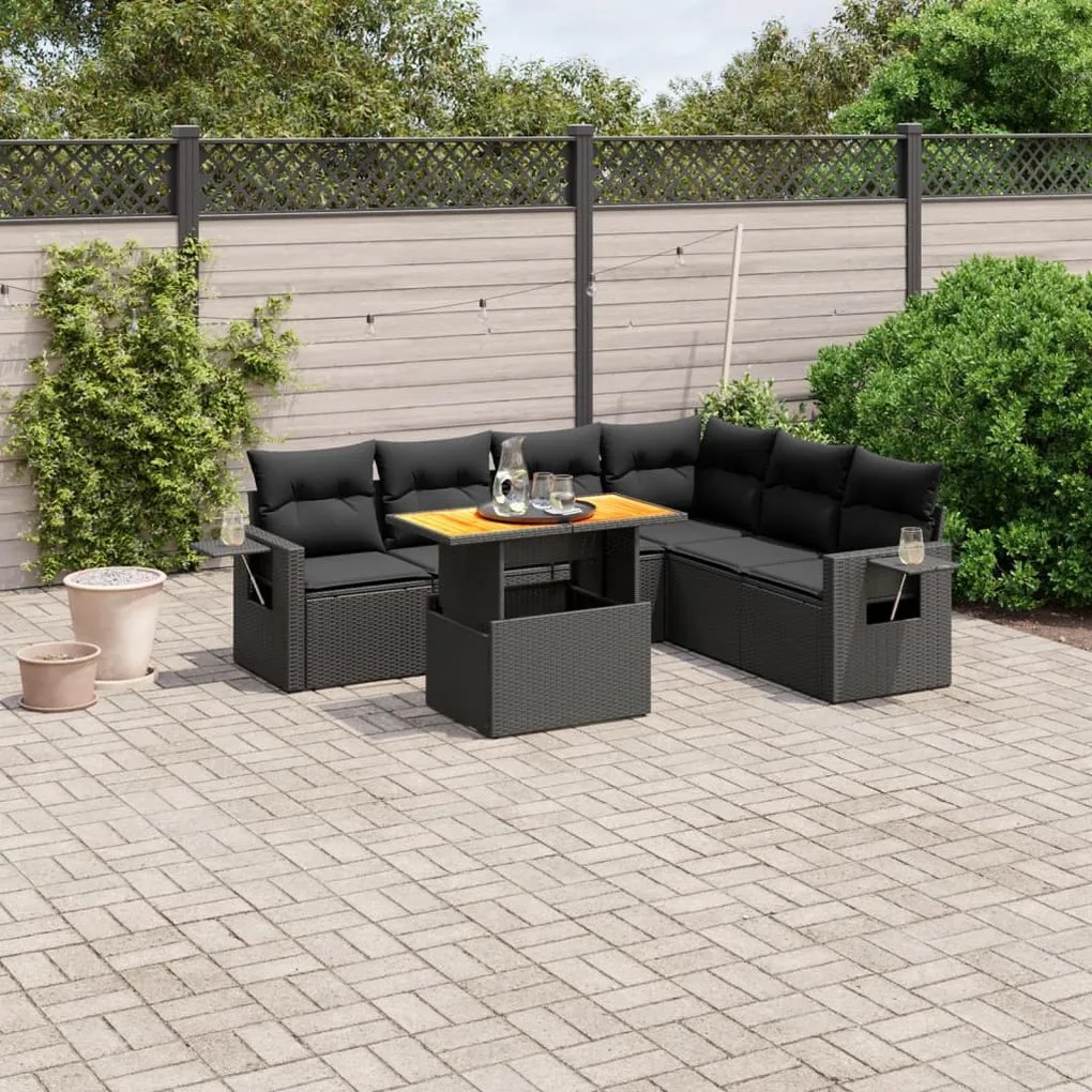 Set divani da giardino con cuscini 7pz nero polyrattan