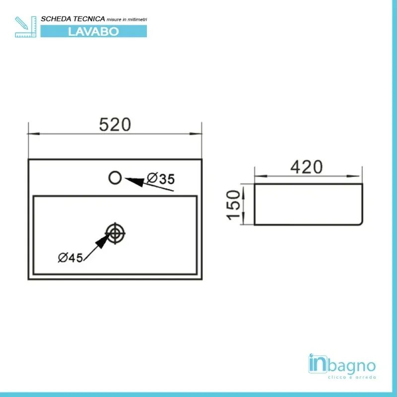 Lavabo da appoggio rettangolare 52x42 cm in ceramica bianco lucido
