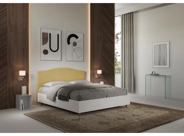 Letto contenitore da 160x200 in legno bianco e testata in microfibra ocra Grace