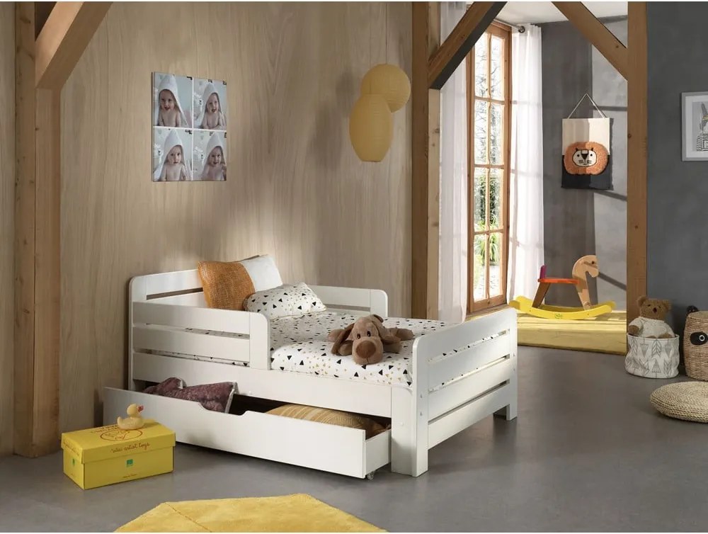 Letto da bambini regolabile bianco in pino massiccio con contenitore, materasso e rete inclusi Jumper - Vipack