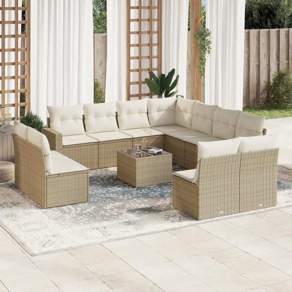 Set divani da giardino 12 pz con cuscini beige in polyrattan