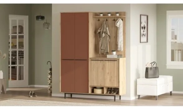 Mobile Ingresso Multiripiano Con Scarpiera E Appendiabiti Whisper Effetto Legno E Rosso