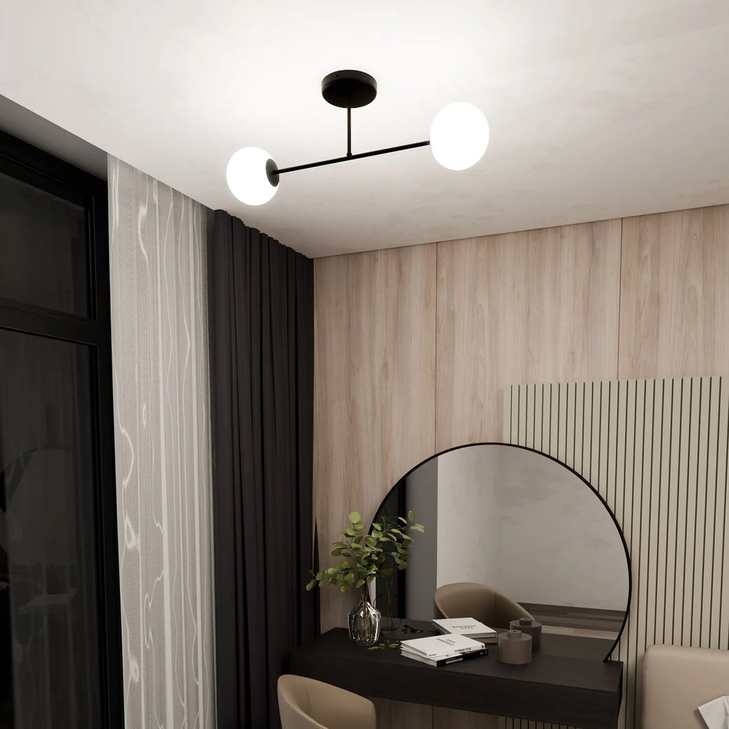 Plafoniera Moderna Morrigan 2 Luci In Acciao Nero E Sfere In Vetro Bianco