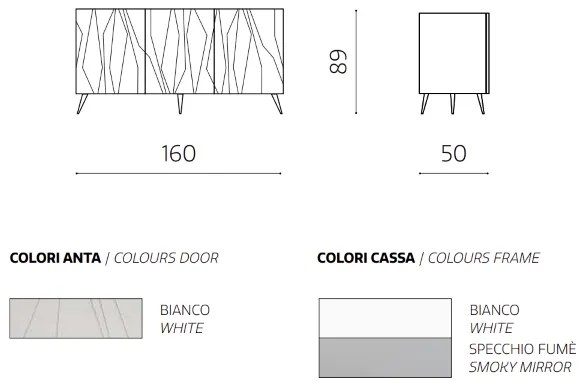 Madia a 3 ante 160 cm in nobilitato Bianco con top in vetro TIGUA con 5 piedini