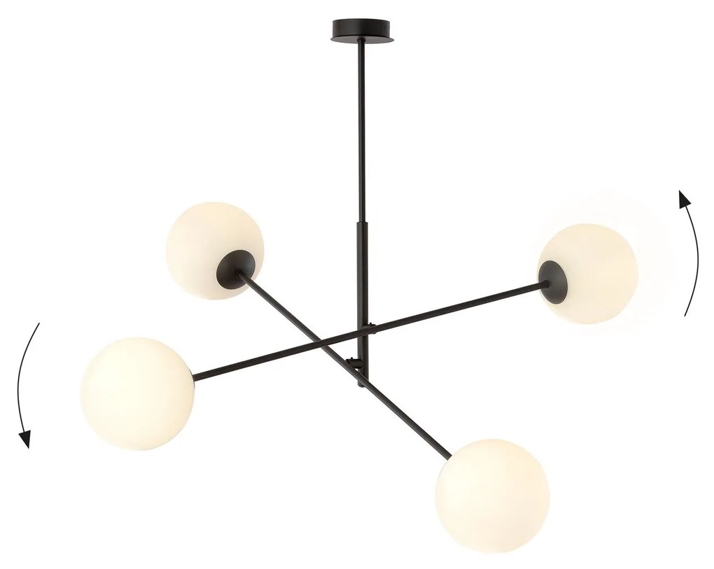 Lampadario 4 Luci Linear In Acciao Nero Con Bracci Regolabili E Vetro Opale