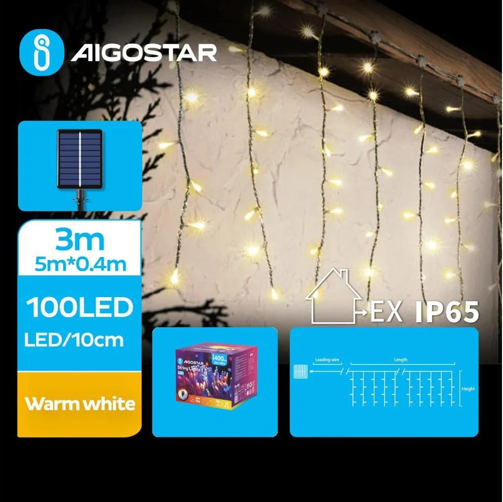 Aigostar - Catena luminosa solare a LED 100 LED / 8 funzioni, 8 x 0,4 m, IP65, bianco caldo