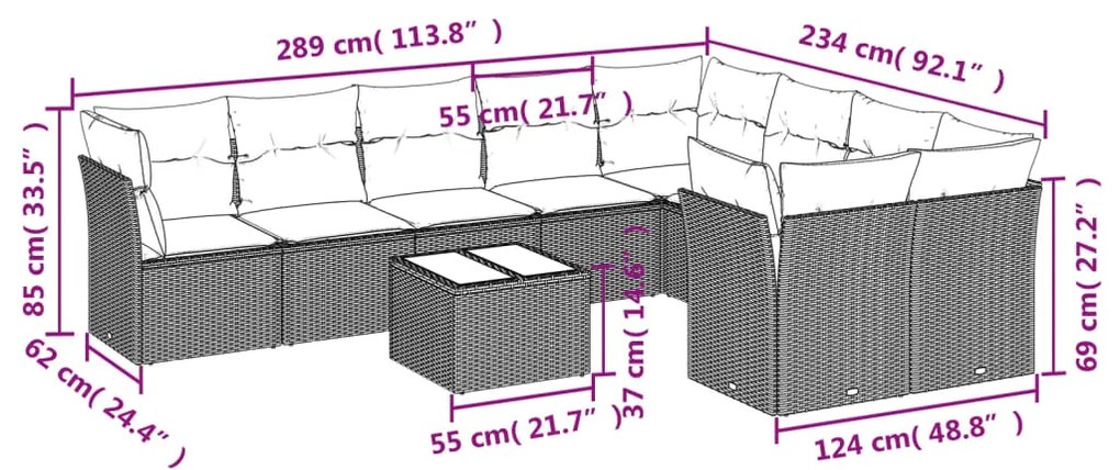 Set divano da giardino 10 pz con cuscini grigio in polyrattan