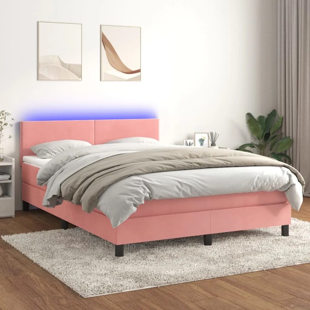 Letto a molle con materasso e led rosa 140x200 cm in velluto