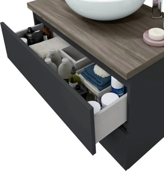 Mobile Da Bagno Sospeso 80 Cm 2 Cassetti Con Lavabo Da Appoggio Tokyo Antracite