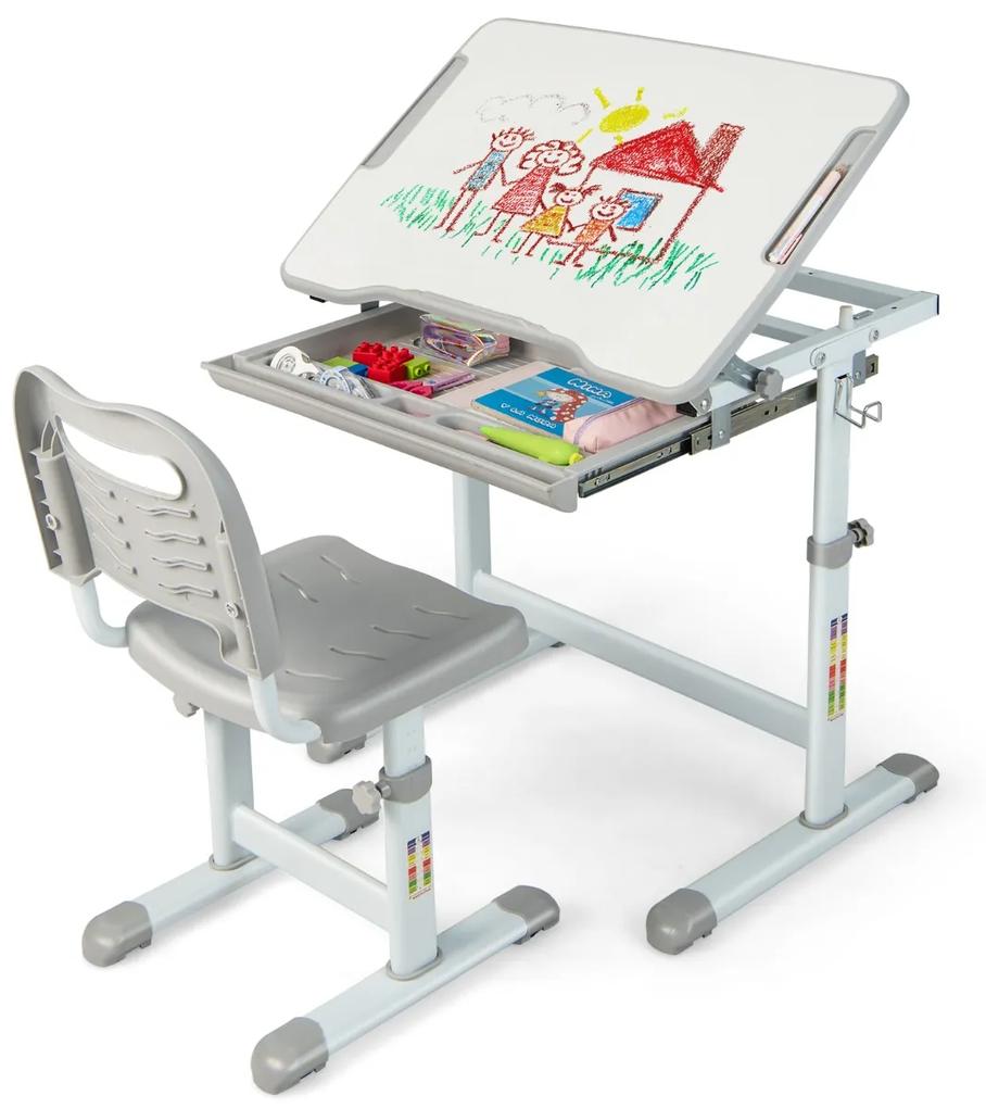 Costway Set scrivania e sedia per bambini con altezza regolabile e cassetto, Set tavolo con superficie inclinabile Grigio