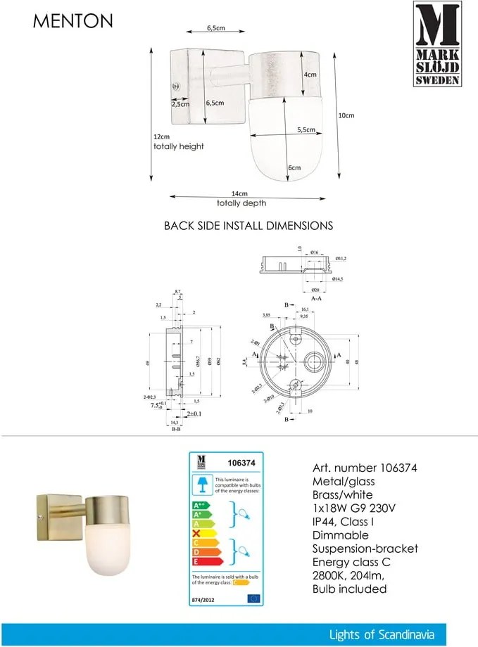 Lampada da parete bianca/dorata Menton – Markslöjd