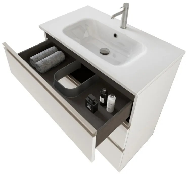 Mobile bagno a terra 80 cm Master bianco con lavabo e specchio contenitore