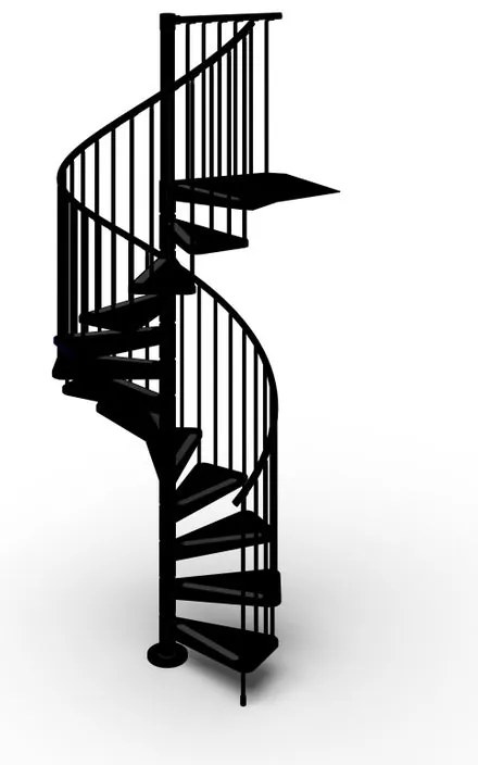 Scala a chiocciola a base tonda Mira IRIS, larghezza 140 cm, struttura in acciaio nero, gradini in acciaio nero