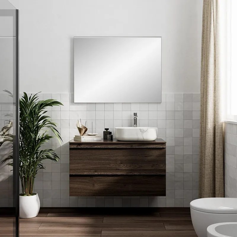 Mobile Linea L100 H55 P45 in laminato rovere cotto  2 cassetti a chiusura ammortizzata e top per lavabo in appoggio