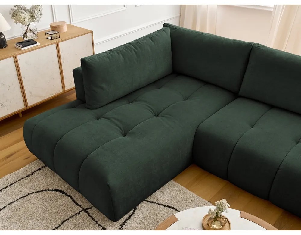 Divano angolare verde allungabile e con contenitore (penisola a sinistra/a U) con rivestimento in ciniglia Fuji – Bobochic Paris