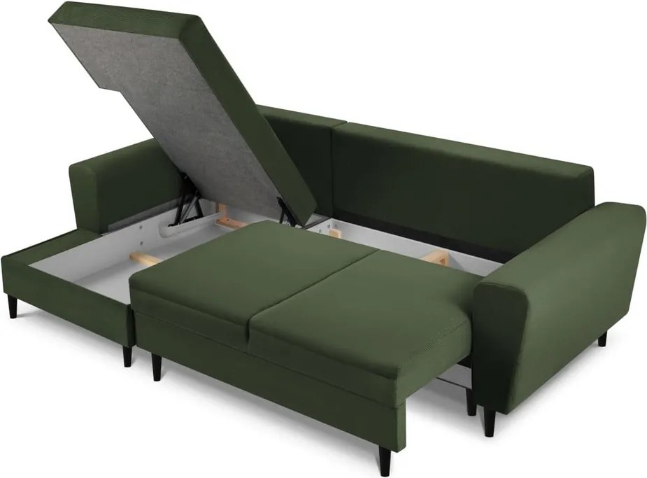 Divano angolare verde allungabile e con contenitore (con penisola a sinistra/con chaise lounge) con rivestimento in velluto a coste Kyoto – Cosmopolitan Design