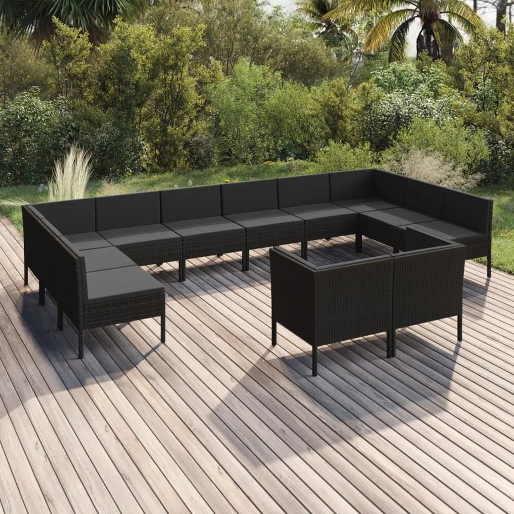 Set divani da giardino 12 pz con cuscini in polyrattan nero
