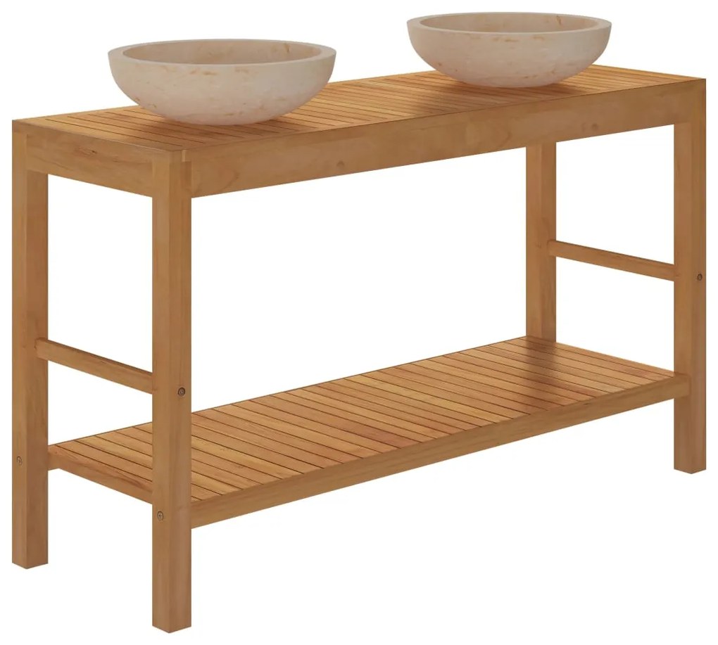 Armadietto da bagno in legno di teak con lavabi in marmo crema