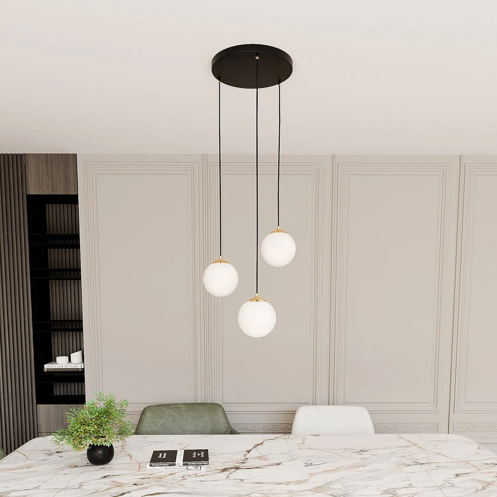 Sospensione Contemporanea Nuada 3 Luci In Acciaio Nero/Oro Sfere Vetro Bianco