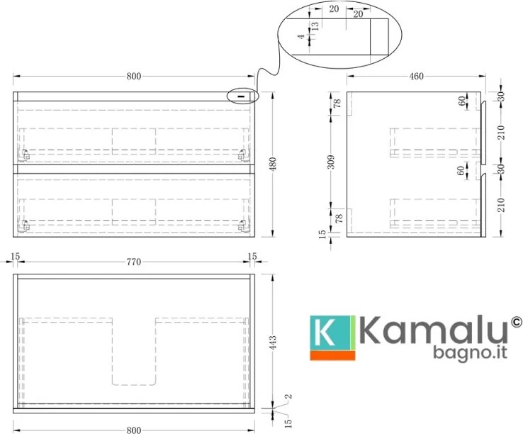 Kamalu - Mobile bagno 80 cm lavabo integrato legno chiaro | KAM-HR80