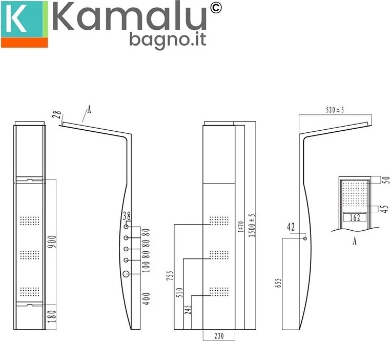 Kamalu - Pannello doccia termostatico in acciaio con cascata ed iniettori ad effetto pioggia | KLES-8600