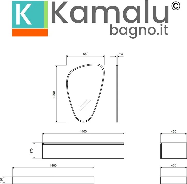 Composizione bagno sospesa mobile e mensolone da 140cm | KAM-KK1400 - KAMALU