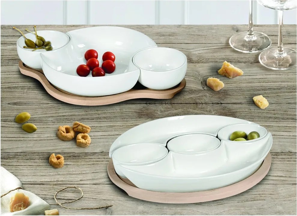 Set di 5 ciotole da portata in porcellana bianca su vassoio in bambù Plait - Brandani