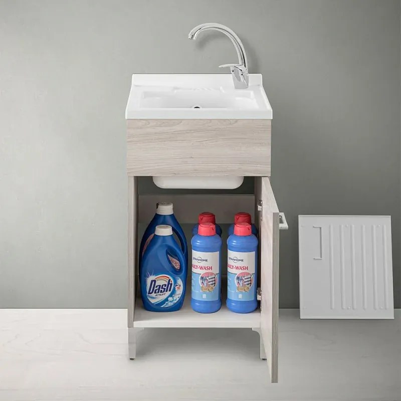 Mobile lavatoio 45x50 cm 1 anta rovere grigio con vaschetta in resina