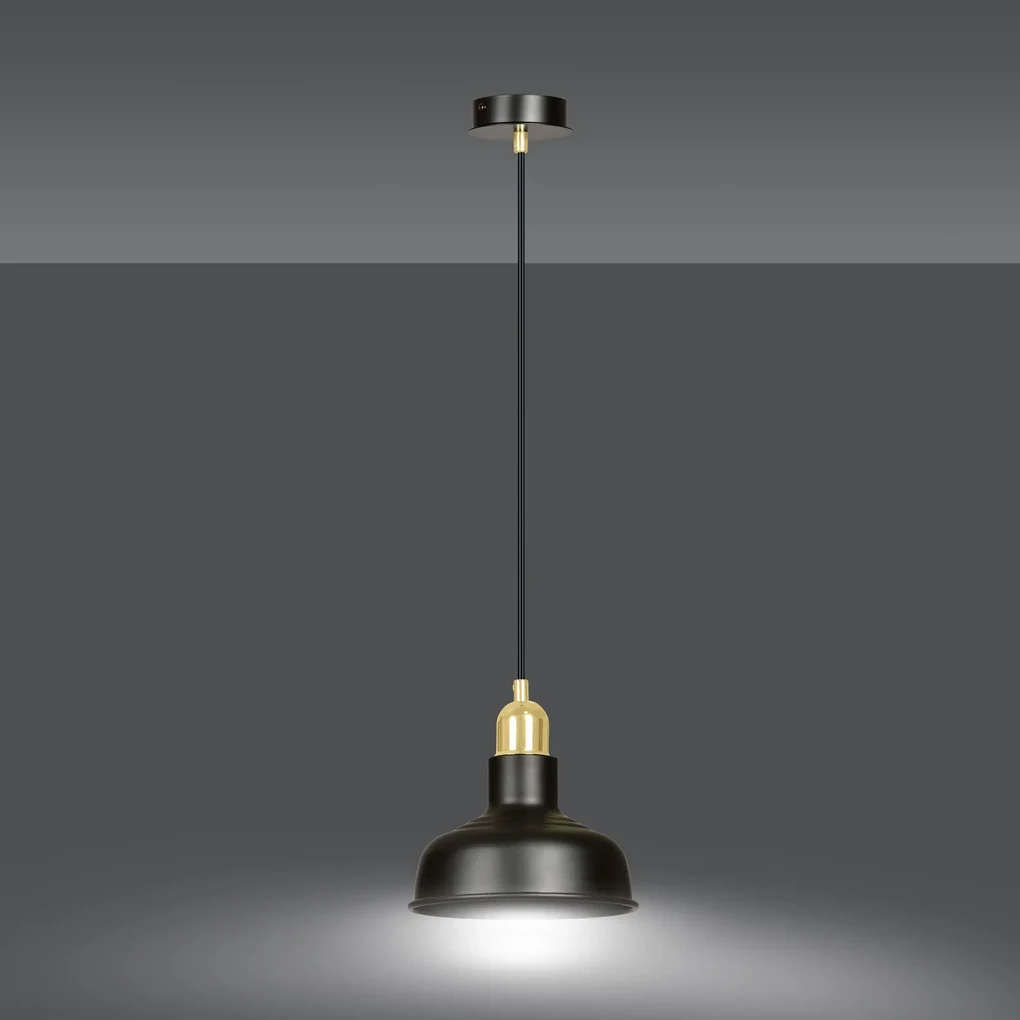 Sospensione Industrial 1 Luce Ibor In Acciaio Nero Con Elementi In Oro