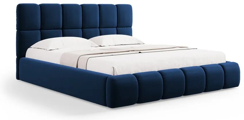 Letto matrimoniale imbottito in blu scuro in velluto con contenitore con rete inclusa 160x200 cm Bellis – Micadoni