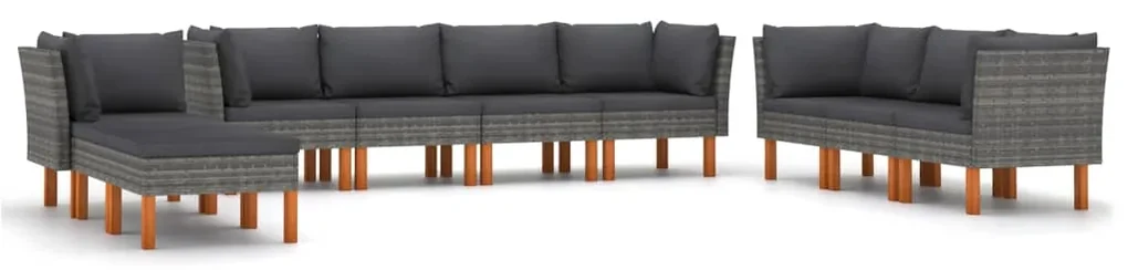 Set divani da giardino 10 pz con cuscini in polyrattan grigio
