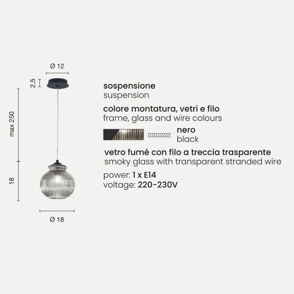 Lampada sospensione D18 cm in vetro soffiato Fumč - MADAGASCAR Mod1