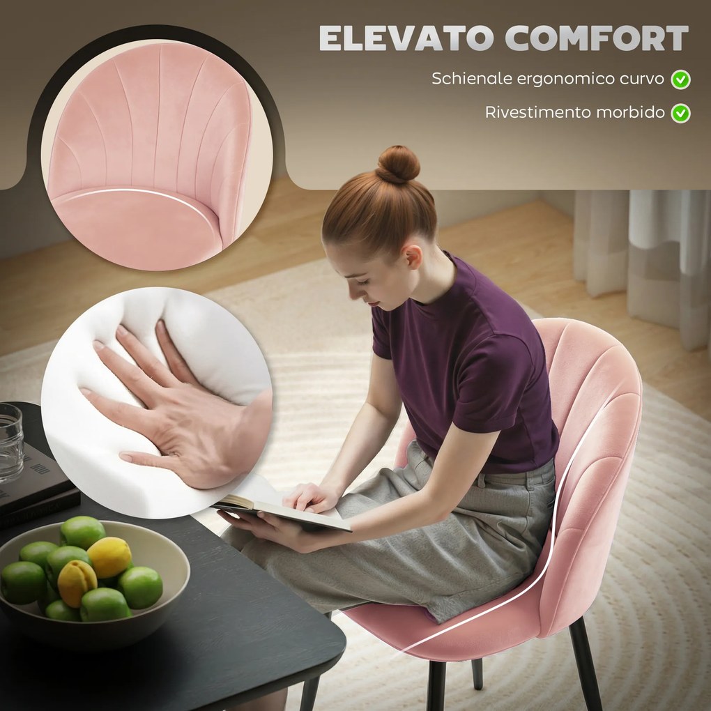 Set 2 Sedie da Pranzo Imbottite 52x55x79 cm con Schienale a Conchiglia in Velluto Rosa...