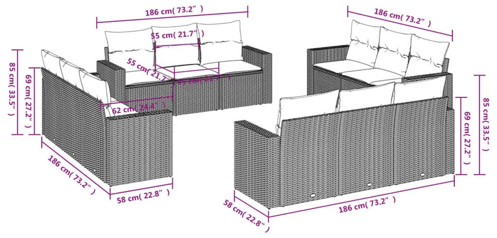 Set divano giardino 12 pz con cuscini grigio chiaro polyrattan