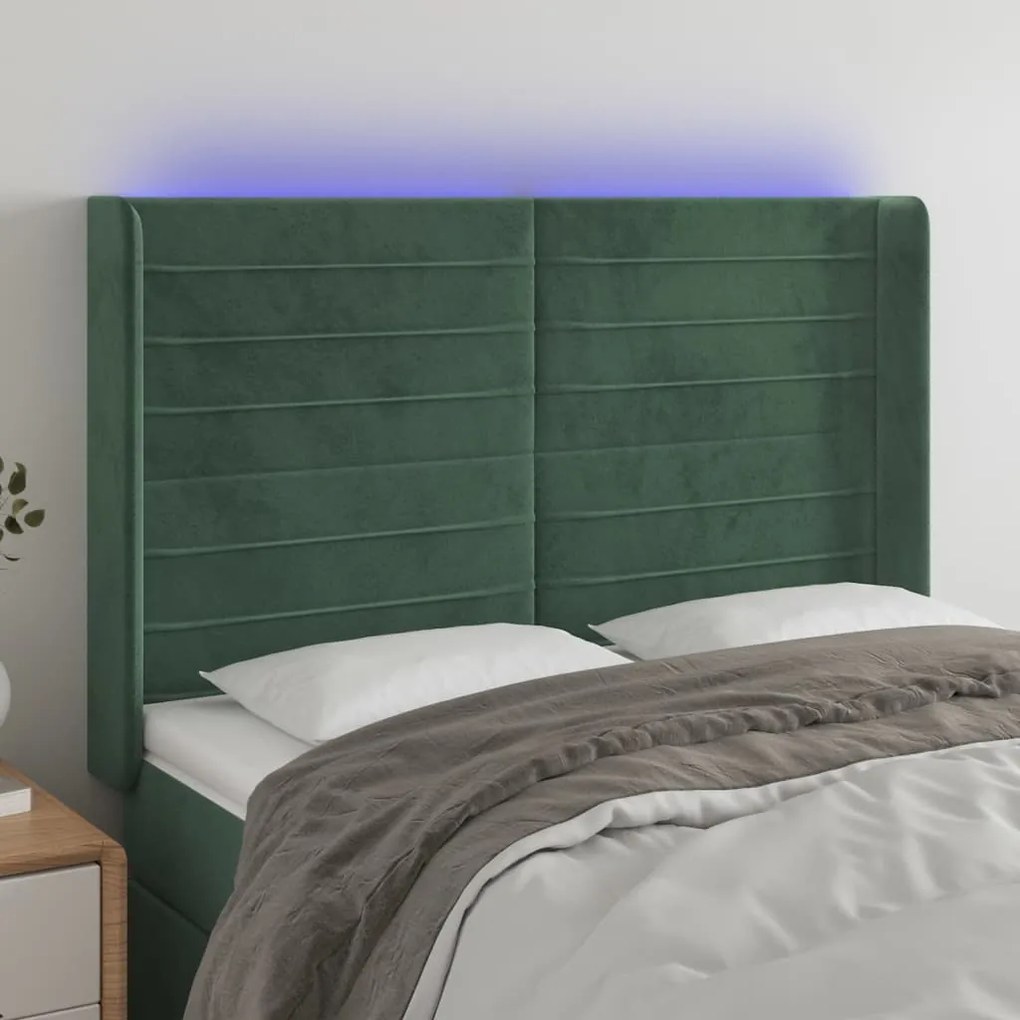 Testiera A Led Verde Scuro 147x16x118/128 Cm İn Velluto /