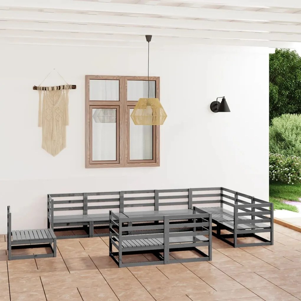 Set divani da giardino 10 pz grigi in legno massello di pino